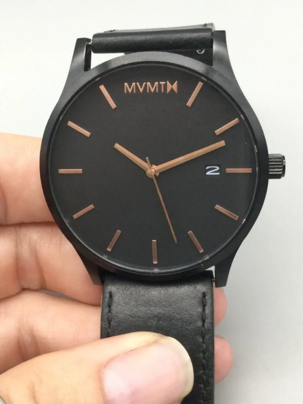 MVMT Black Rose Mens Watch 45mm Black Rose Gold Leather Band New Battery